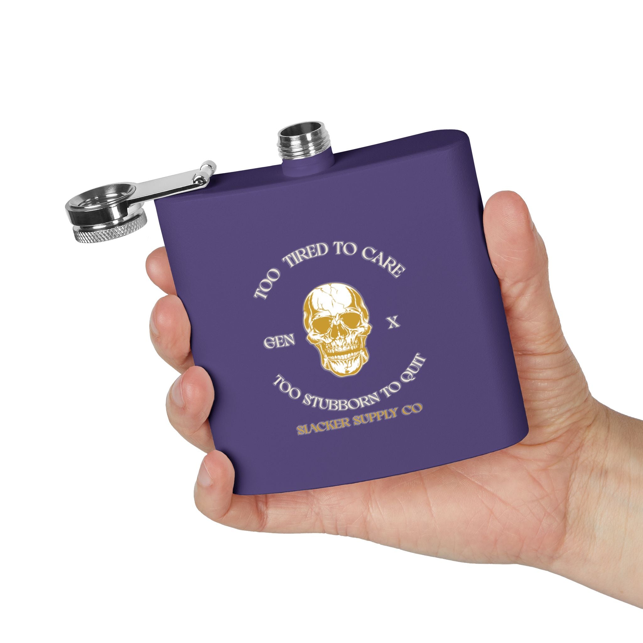Too Tired to Care, Too Stubborn to Quit — Gen X Flask (Purple)
