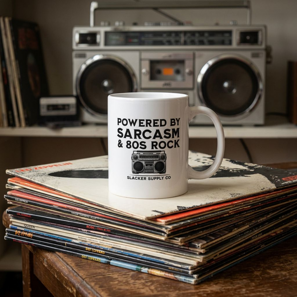 Powered by Sarcasm & 80s Rock — Gen X Mug