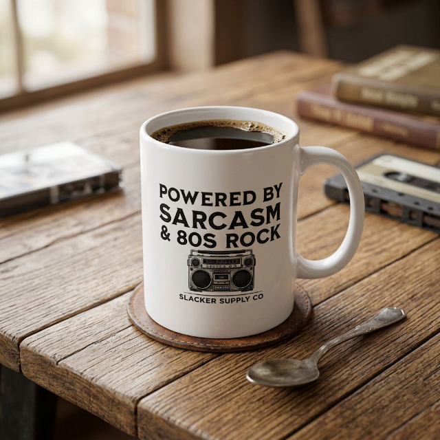 Powered by Sarcasm & 80s Rock — Gen X Mug