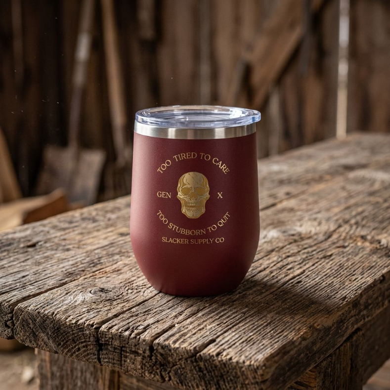 Too Tired to Care, Too Stubborn to Quit — Gen X Wine Tumbler